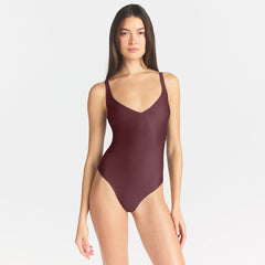 SKIMS BODY UNLINED PLUNGE THONG BODYSUIT | CURRANT