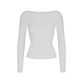 COTTON JERSEY LONG SLEEVE BOATNECK TOP | LIGHT HEATHER GREY