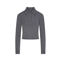 SWEATER KNIT LONG SLEEVE CROPPED POLO | DARK HEATHER GREY