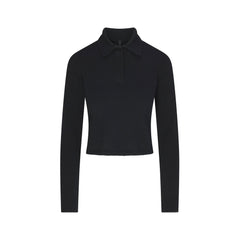 SWEATER KNIT LONG SLEEVE CROPPED POLO | ONYX