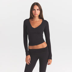 COTTON JERSEY V NECK LONG SLEEVE TOP | SOOT