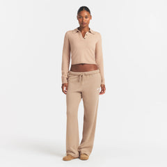 SWEATER KNIT LONG SLEEVE CROPPED POLO | TOFFEE