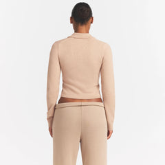 SWEATER KNIT LONG SLEEVE CROPPED POLO | TOFFEE