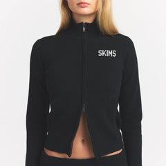 SWEATER KNIT LOGO ZIP UP MOCK NECK SWEATER | ONYX EGRET