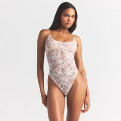 STRETCH LACE THONG BODYSUIT | IVORY CHERRY PRINT