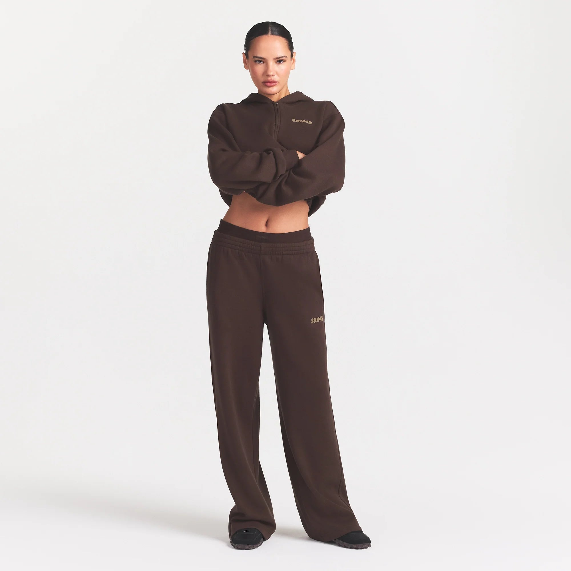 COTTON FLEECE DOUBLE WAISTBAND PANT WITH EMBOSSED LOGO | ESPRESSO