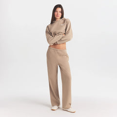 COTTON FLEECE STRAIGHT LEG PANT WITH EMBOSSED LOGO | LATTE