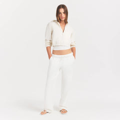 WOVEN COTTON CROPPED ZIP UP JACKET | EGRET