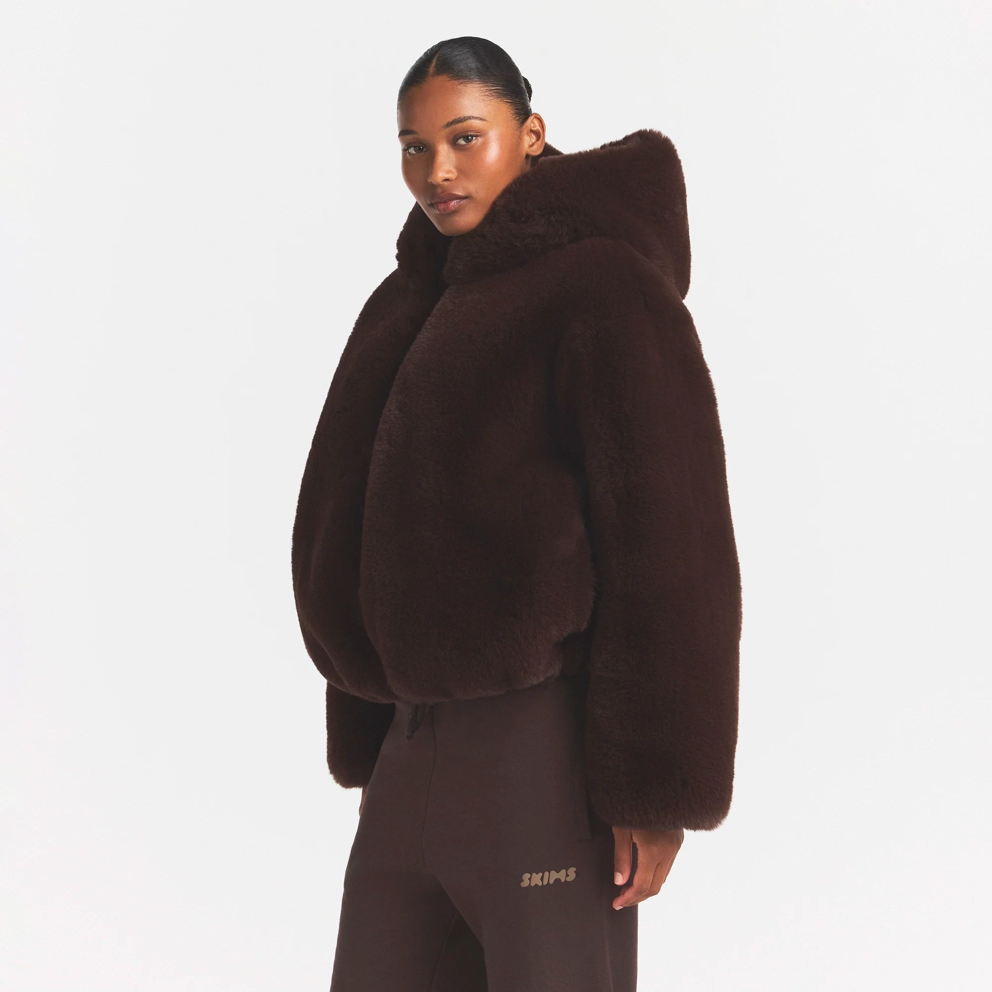 FAUX FUR HOODED ZIP UP JACKET | COCOA