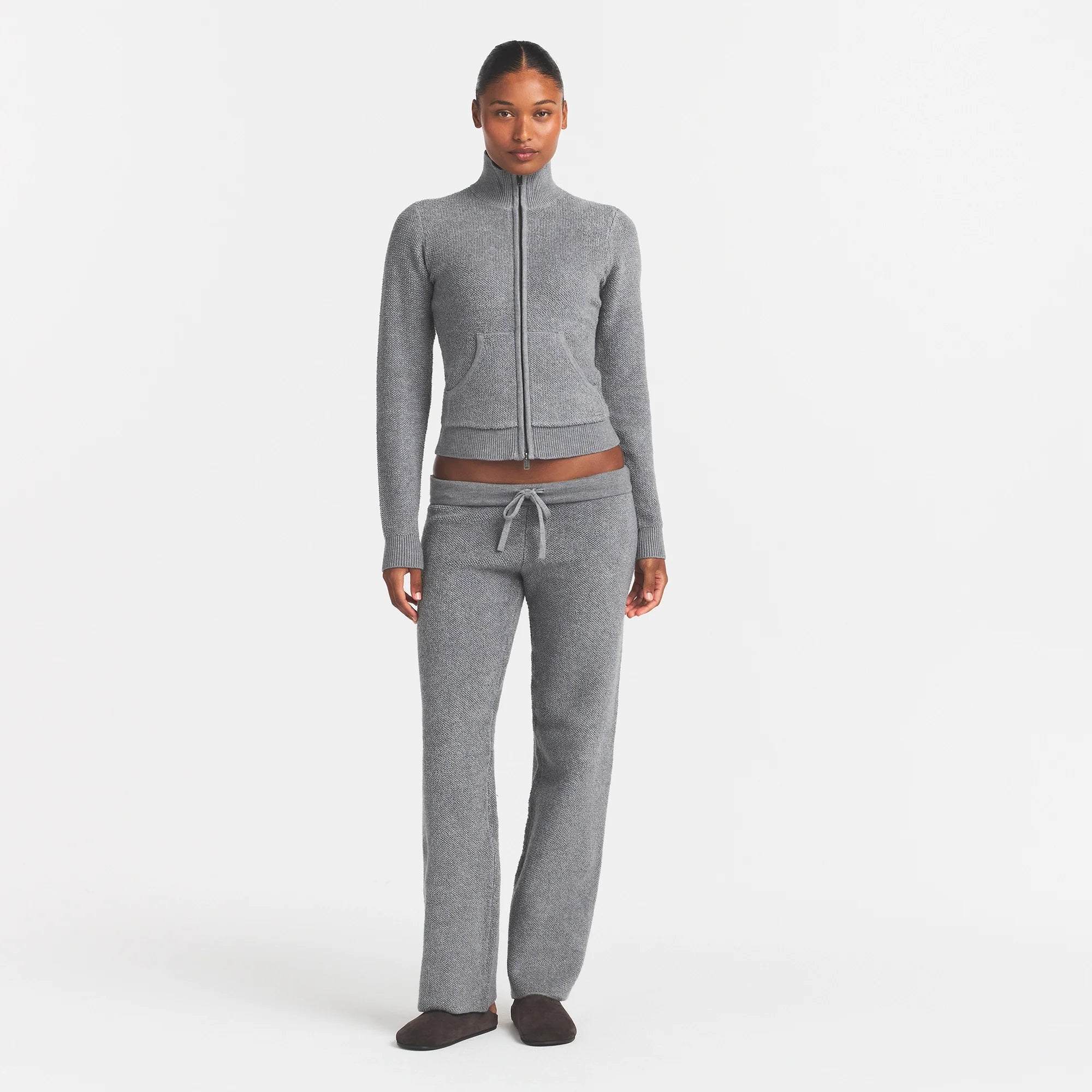 TEXTURED KNIT SHERPA ZIP UP | DARK HEATHER GREY