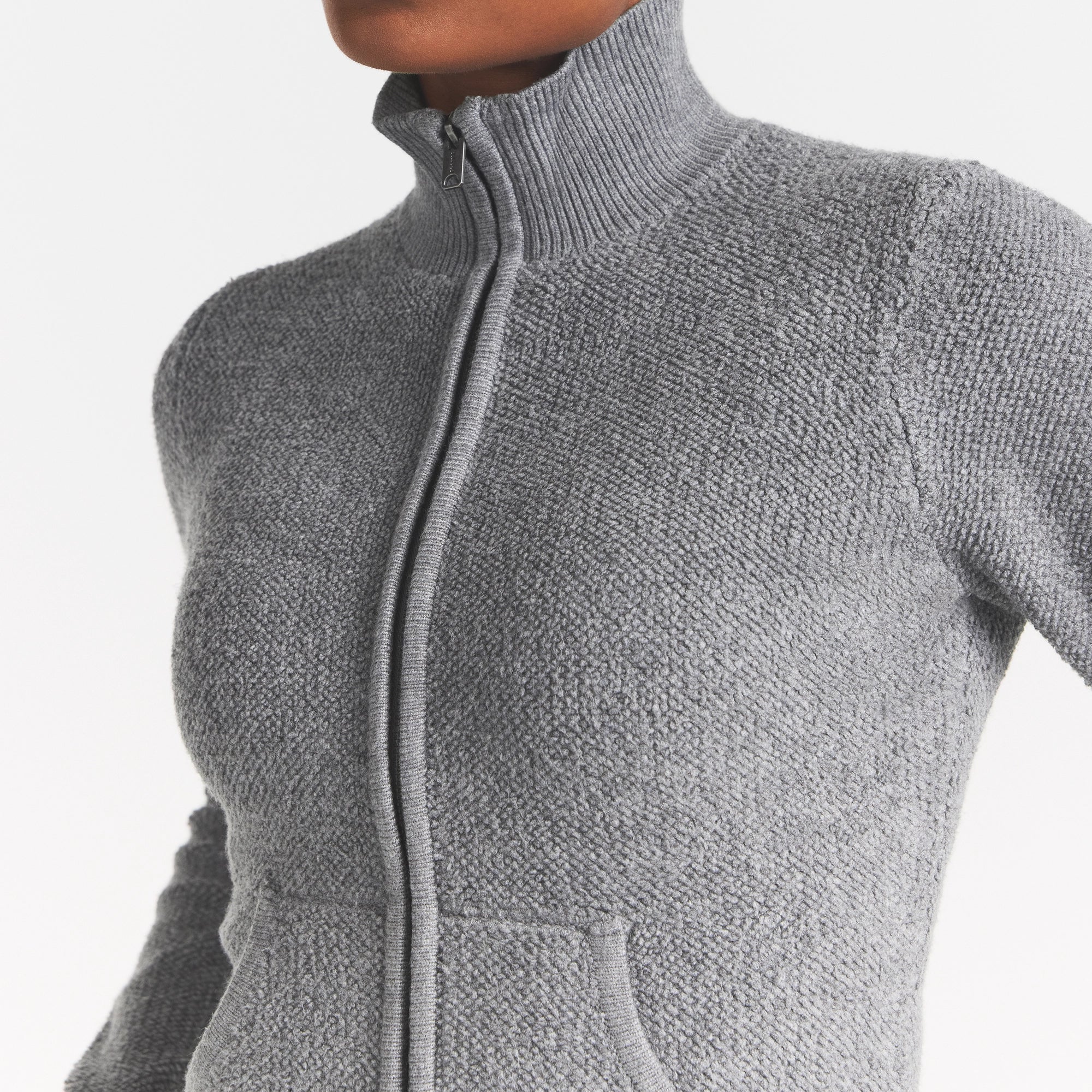 TEXTURED KNIT SHERPA ZIP UP | DARK HEATHER GREY