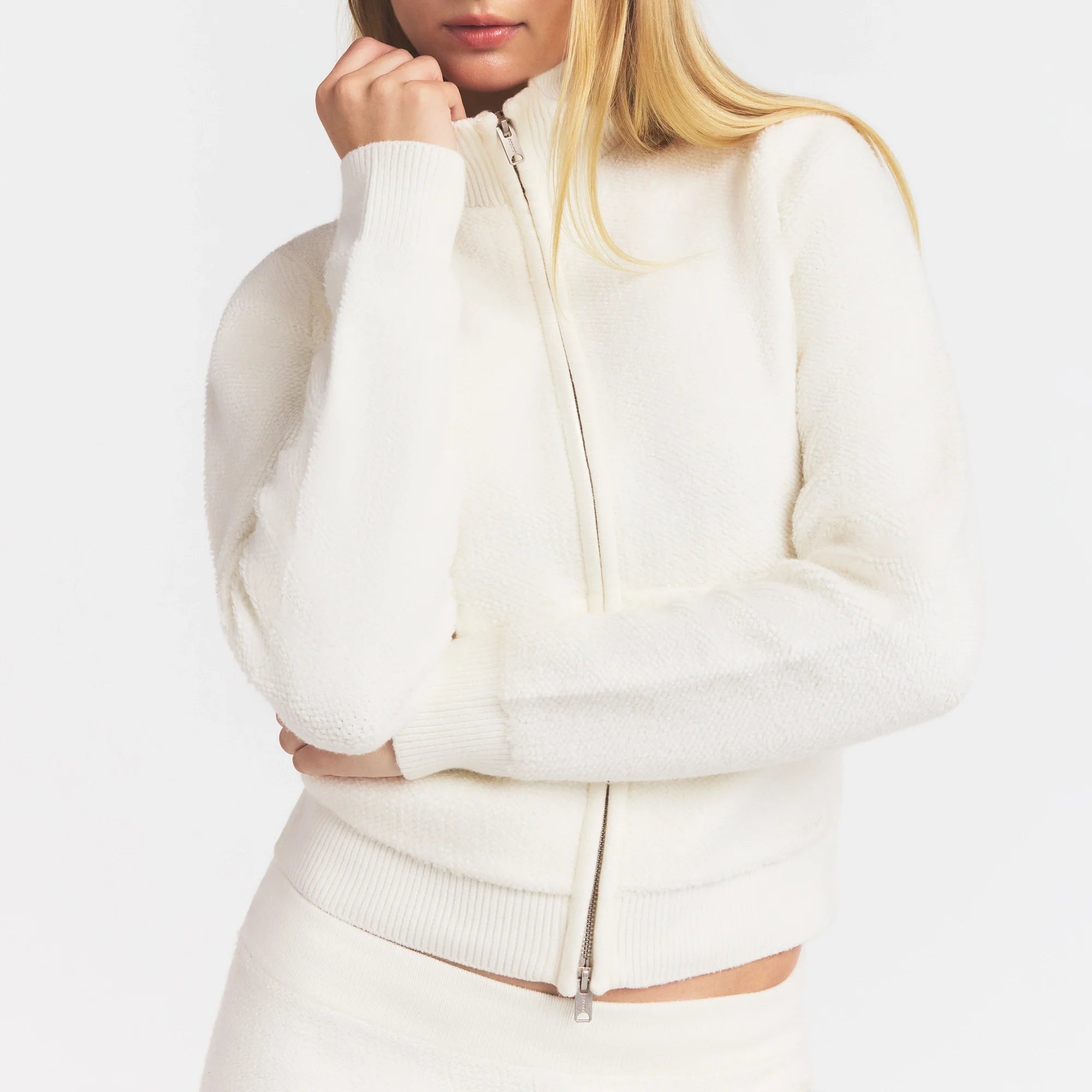 TEXTURED KNIT SHERPA ZIP UP | IVORY