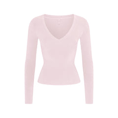 COTTON JERSEY V NECK LONG SLEEVE TOP | CHERRY BLOSSOM
