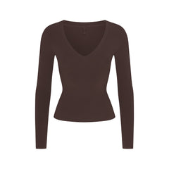COTTON JERSEY V NECK LONG SLEEVE TOP  | ESPRESSO