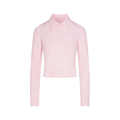 SWEATER KNIT LONG SLEEVE CROPPED POLO | CHERRY BLOSSOM