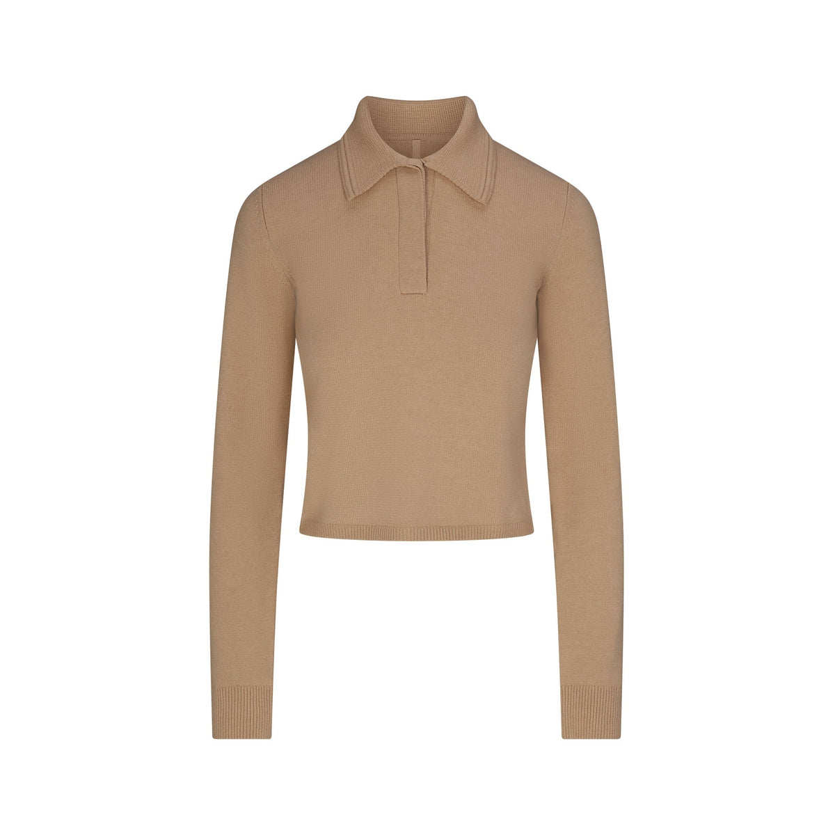 SWEATER KNIT LONG SLEEVE CROPPED POLO | TOFFEE