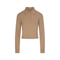 SWEATER KNIT LONG SLEEVE CROPPED POLO | TOFFEE