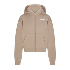 COTTON FLEECE ZIP UP HOODIE WITH EMBOSSED LOGO | LATTE