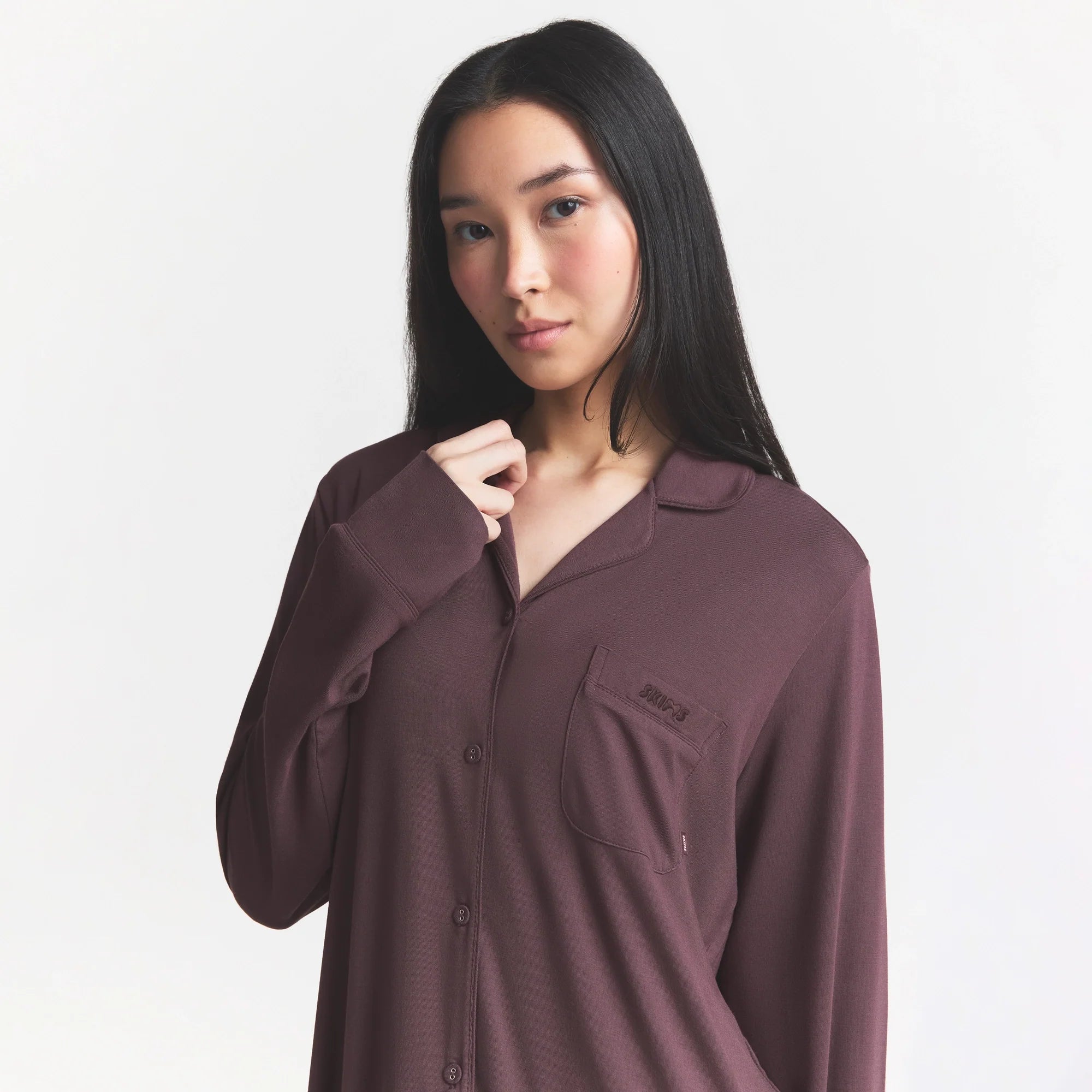 SKIMS SLEEP LONG SLEEVE BUTTON UP SET | RAISIN