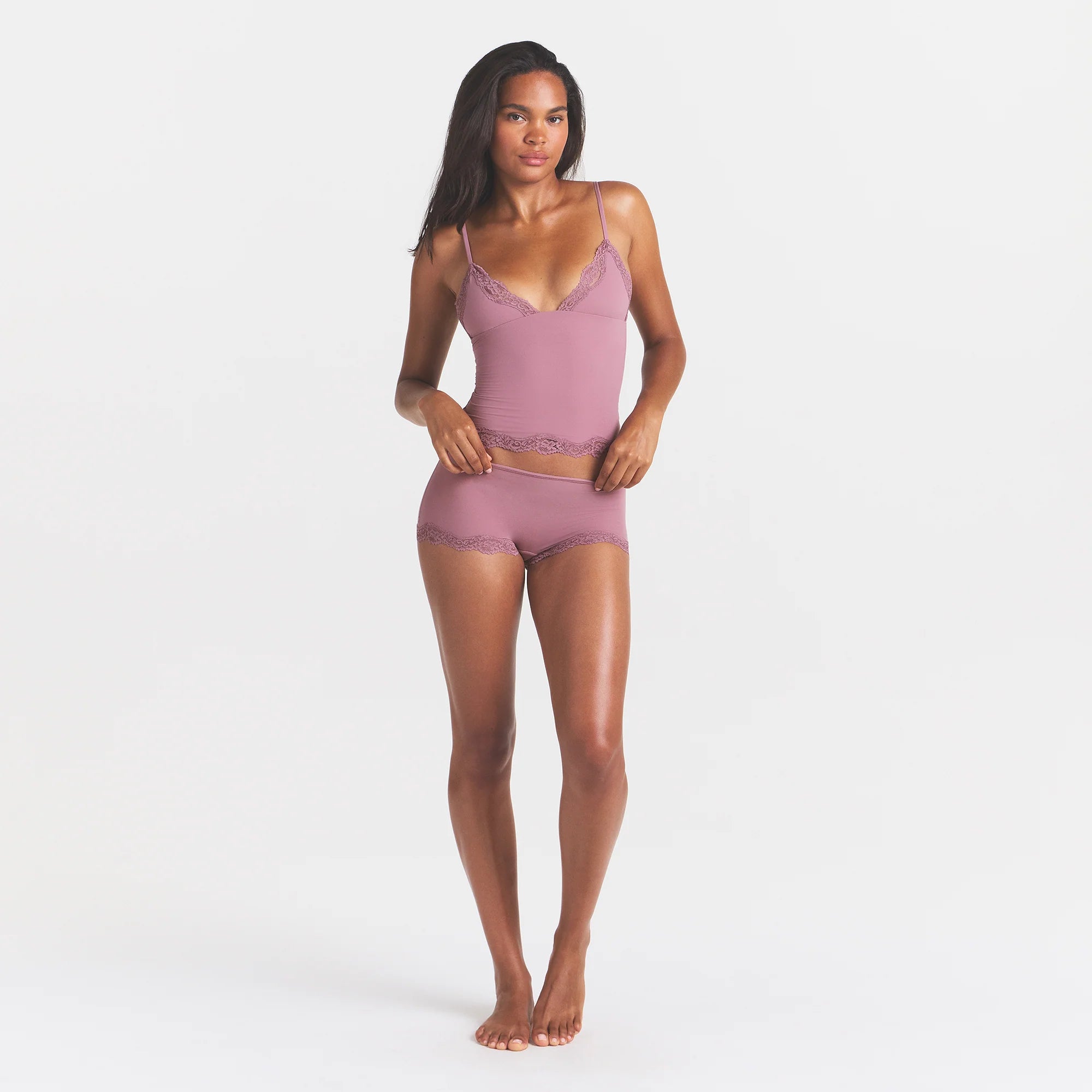 FITS EVERYBODY LACE TRIANGLE CAMI AND BOY SHORT SET | MUTED MAUVE
