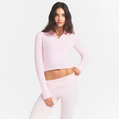 SWEATER KNIT LONG SLEEVE CROPPED POLO | CHERRY BLOSSOM