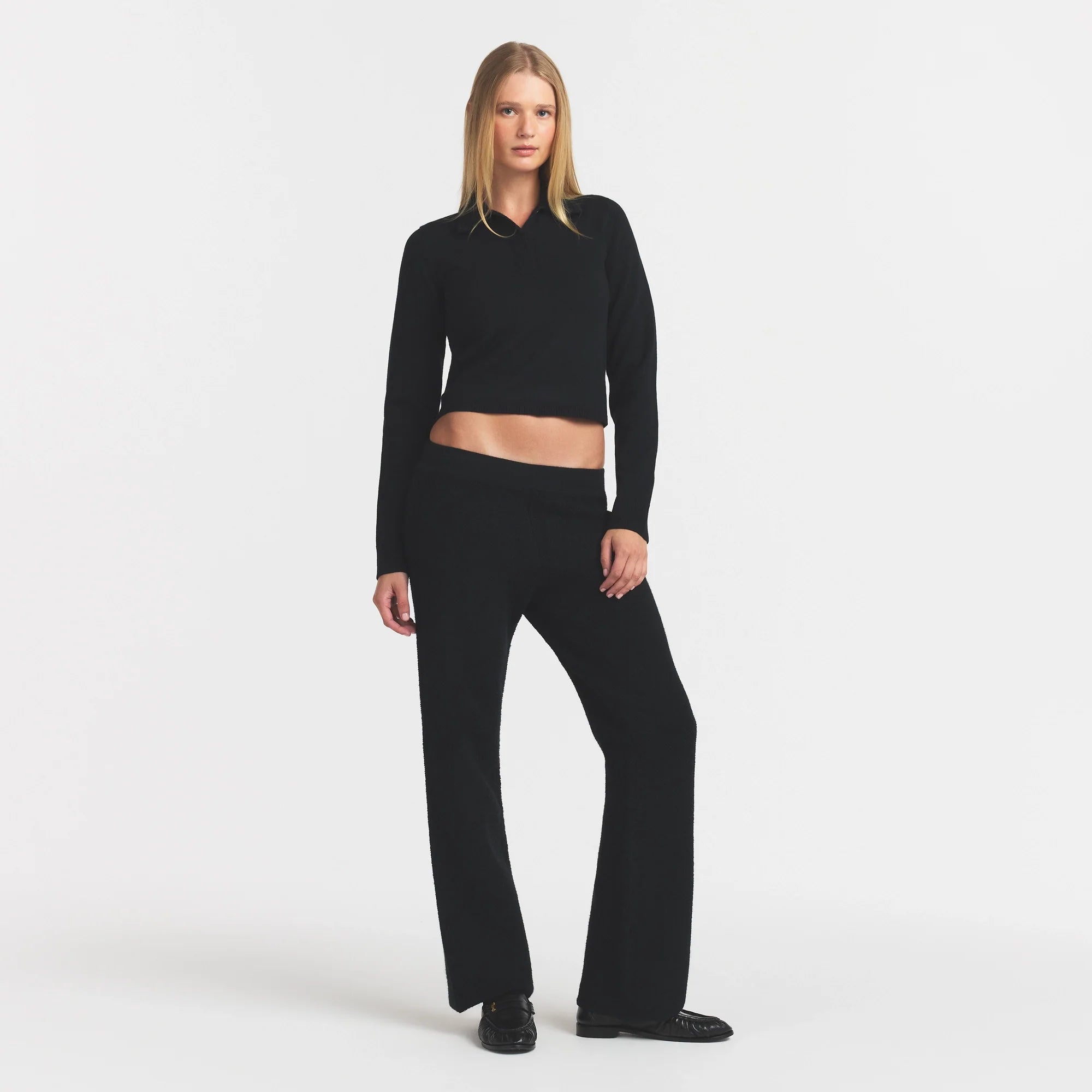 SWEATER KNIT LONG SLEEVE CROPPED POLO | ONYX