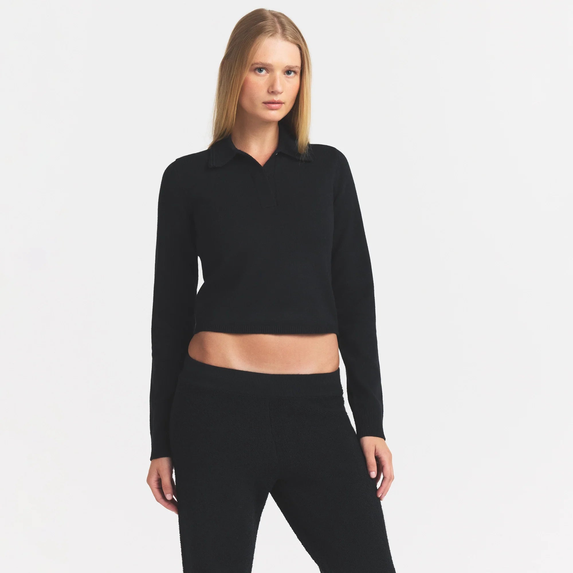 SWEATER KNIT LONG SLEEVE CROPPED POLO | ONYX