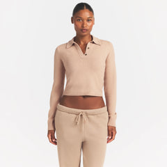 SWEATER KNIT LONG SLEEVE CROPPED POLO | TOFFEE